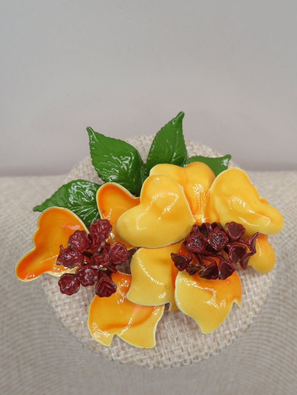 Vintage Flower Yellow Orange Brown Enamel Cluster Brooch